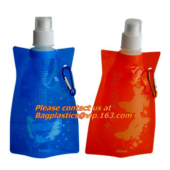 Spouted flexible foldable water bag with carabiner for running, flexible printing and lami