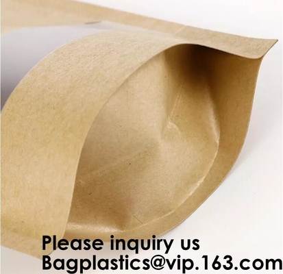 Kraft Paper Bags, Zip Lock Stand-Up Reusable Sealing Food Pouches With Transparent Window And Tear Notch For Storing ,Co