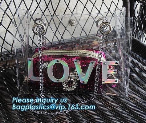 luxury handbag women chain shoulder bag clear PVC plastic tote bag, Tote Bag Clear Shoulder PVC Bag with Zipper, pac, ba