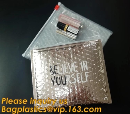 Factory Shiny Rose Gold Silver Cosmetic Zipper Bubble Bag Self Adhesive Plastic Pe Material Mailer Zip Lock Padded Bag,