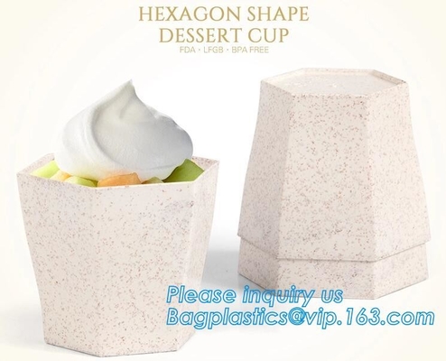 Wheat straw Compostable HEXAGON shape dessert cup,square wheat plastic dessert cup,Pla Plastic Disposable Corn Starch Cu