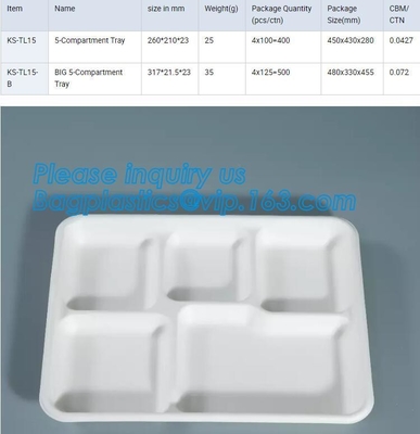 Eco Friendly sugarcane bagasse plates display tray,disposable 5 compartments sugarcane pulp plates with lid, bagplastics