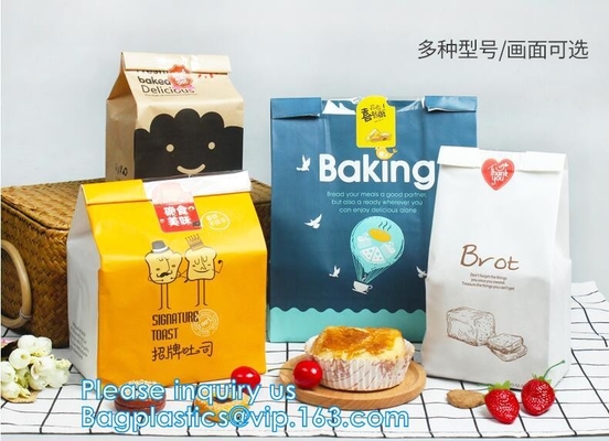 Custom Printed PE Coated White/Brown Kraft Paper,Sandwich/Bread/Cookie Paper Bag,Takeaway stand up kraft paper bread bag