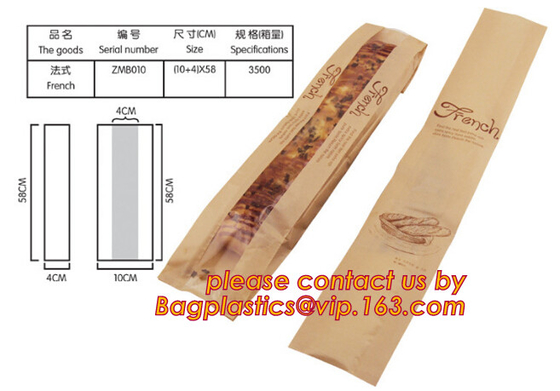 Clear Window bleached kraft paper bag bread bag, paper kraft bag, French Baguette bread paper bag, Long Size Toast Bags