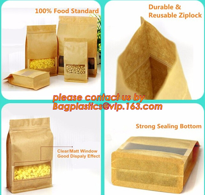 custom resealable recyclable kraft paper square bottom zipper bag, standup Zipper seal Kraft Paper Coffee Bag with Side