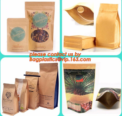 custom resealable recyclable kraft paper square bottom zipper bag, standup Zipper seal Kraft Paper Coffee Bag with Side