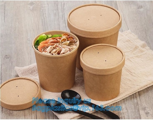 Eco Friendly Disposable Takeaway Food Container Kraft Paper Noodle Bowls Hot Soup Cup With Paper Flat Lid