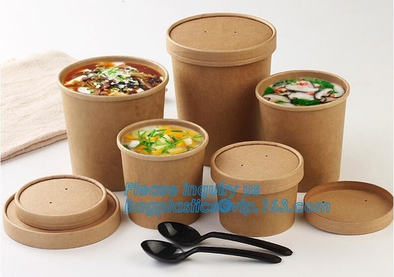 Eco Friendly Disposable Takeaway Food Container Kraft Paper Noodle Bowls Hot Soup Cup With Paper Flat Lid