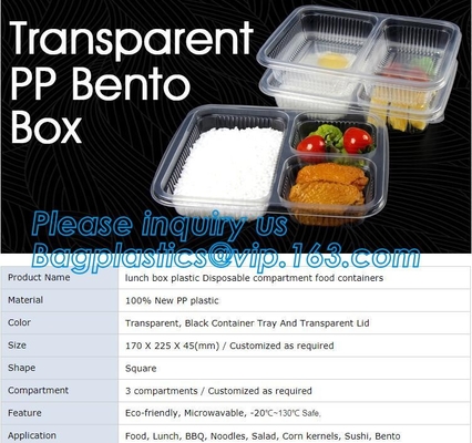 transparent pp bento box,lunch box plastic disposable compartment food containers,food,lunch,BBQ,noodles,salad,corn kern