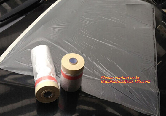 PE pre-taped drop cloth, self adhesive auto painting pre-taped masking film, Pre-taped masking film is disposable produc