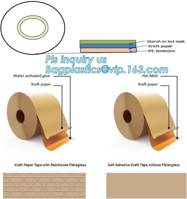 Water-activated Reinforce Kraft Gummed Paper Tape for Sealing &amp; Strapping,Self adhesive kraft paper gummed tape bagease