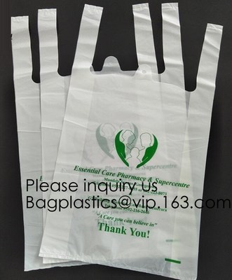 Supermarket Bio-Degradable Compostable T Shirt Bags Thank You Tote Perfect For Business. Best Bulk, Heavy Duty