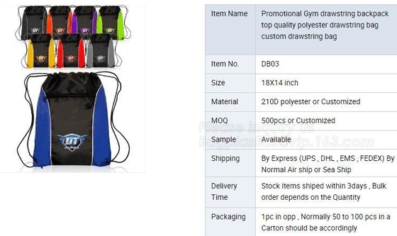 promotional Gym drawstring backpack tip quality polyester, backpack,sport resistant backpack bag,string closure shoe bag