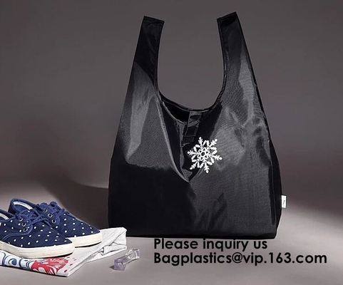 Printing Logo Polyester Handled Foldable Tote Bag With Snap Closure Foldable Bag Pocket Folding Nylon Shopping Bag