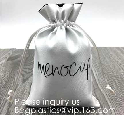 Customized Satin Hair Bag,Small Recyclable Gift Bag,Double Satin Drawstring Bag,Luxury Shinny Cream Satin Pouch With Rib