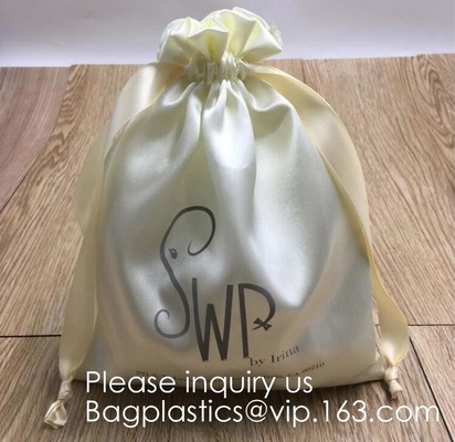 Customized Satin Hair Bag,Small Recyclable Gift Bag,Double Satin Drawstring Bag,Luxury Shinny Cream Satin Pouch With Rib