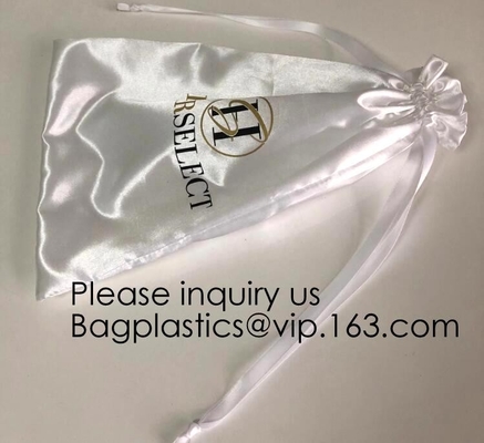 Customized Drawstring Cup Holder Bag,White Satin Bag With Rose Gold Printing And Ribbon, swimwear, underwear package pac