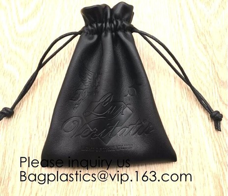 Black Color PU Leather Double Drawstring Protection Headphone Pouch Bag headphone pouchPU Leather Drawstring Promotiona