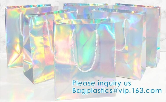 Silver Iridescent Medium Gift Bags With Handles For Weddings, Birthdays pack, Metallic Presents Wrapping Party Favor Bag