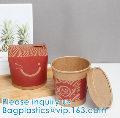 Eco Friendly Disposable Takeaway Food Container Kraft Paper Noodle Bowls Hot Soup Cup With Paper Flat Lid