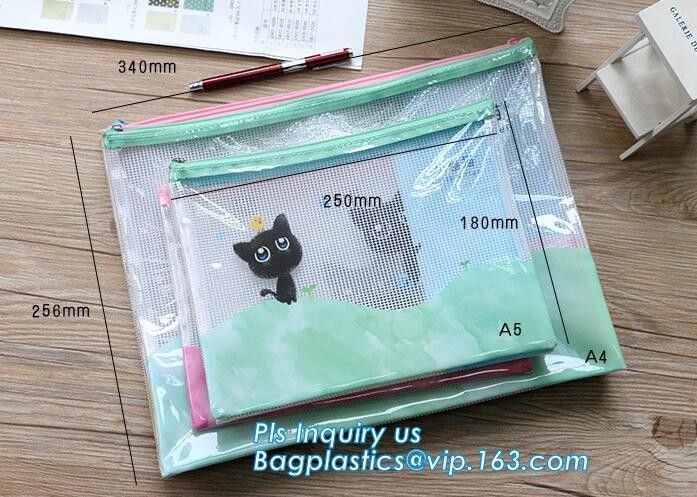 pp file folder plastic pockets document bag, A4 mesh folder zipper pocket document bag, Document Bag with Zipper Storage