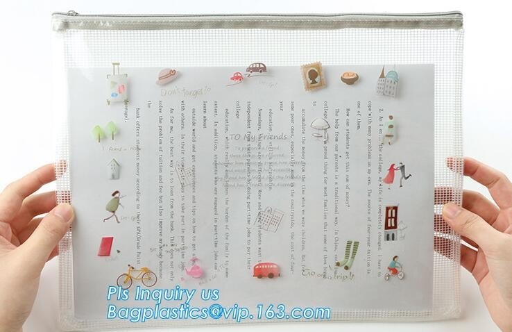 Document Bag with Zipper Storage Holder for Papers Stationery Student Gift, Customized stand up zipper plastic bag