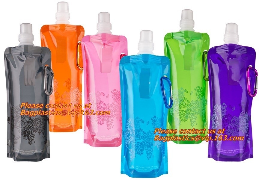 Spouted flexible foldable water bag with carabiner for running, flexible printing and lami