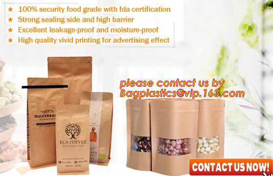 k colorful printing stand up kraft paper bags with clear window,Brown kraft paper aluminum foil zipper plastic bag