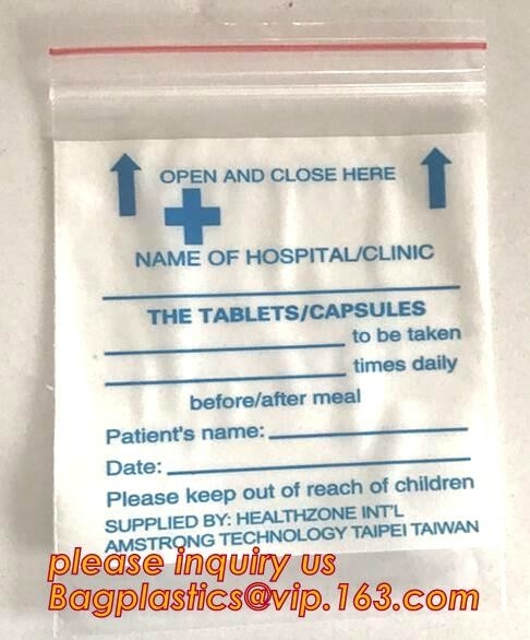 Custom printed LDPE medical k pills medicine zipper resealable small plastic bag, medical grade clear plastic zipp