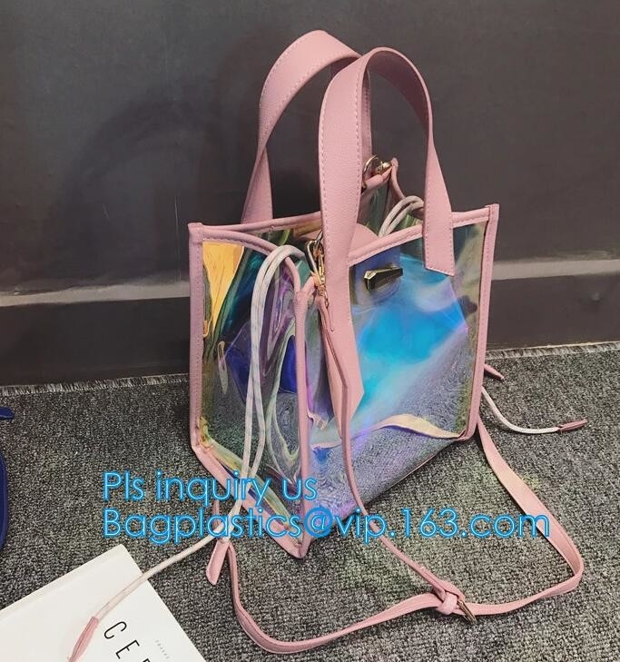 Jelly color laser shoulder bag pvc leather tote bag, Studded Clear Tote/PVC shoulder bag, Fashion Translucent Hologram K