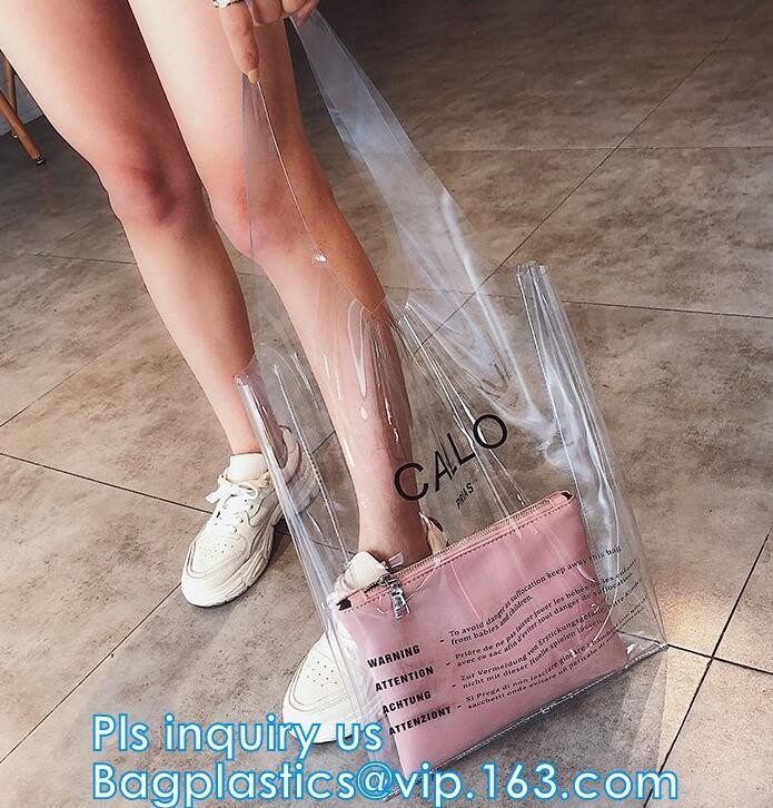 Zipper Clear Stadium PVC Shopping Tote Bag With Side Pocket, promotional shiny vinyl pvc shopping tote bag, 600D PVC Pol