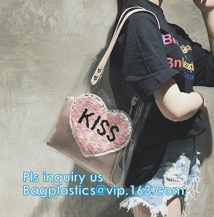 Handle Style PVC Material Shopping Tote Bags, Vinyl PVC Tote Handle Cosmetic Handbag Swimming Bag for Girls, black mesh