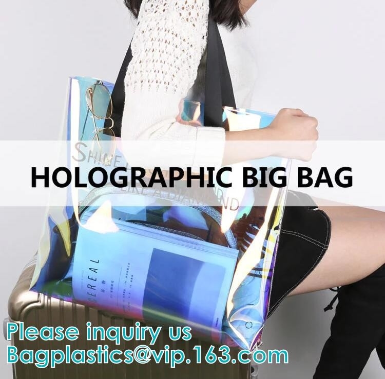 Neon Rainbow Hologram PVC Tote Bag custom holographic handbag PVC handle beach bag,Cosmetic Makeup Travel Pouch,Zipper