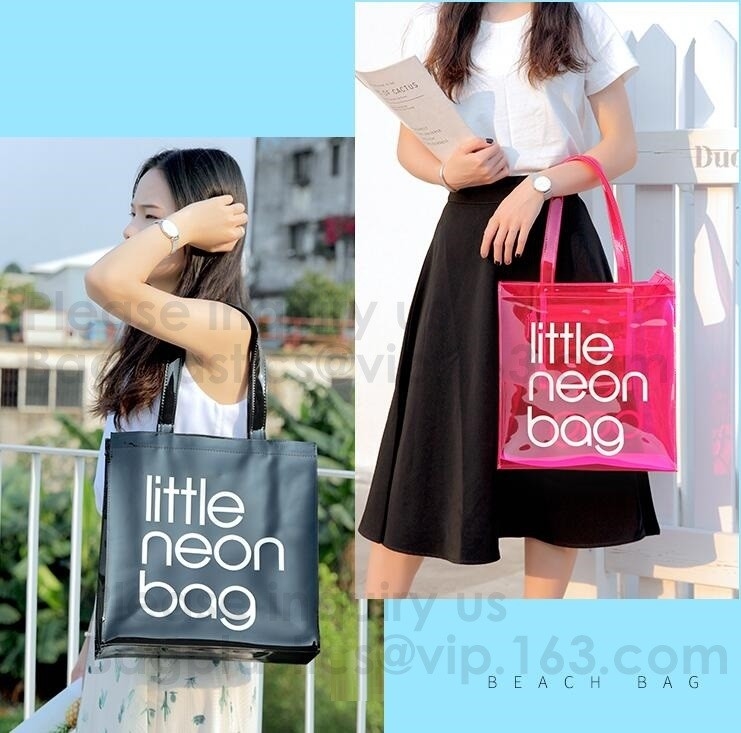 Fashion Clear Pvc Beach Tote Bag For Women,Clear Tote Bags PVC Beach Tote Bag With Black Webbing Handle Bag