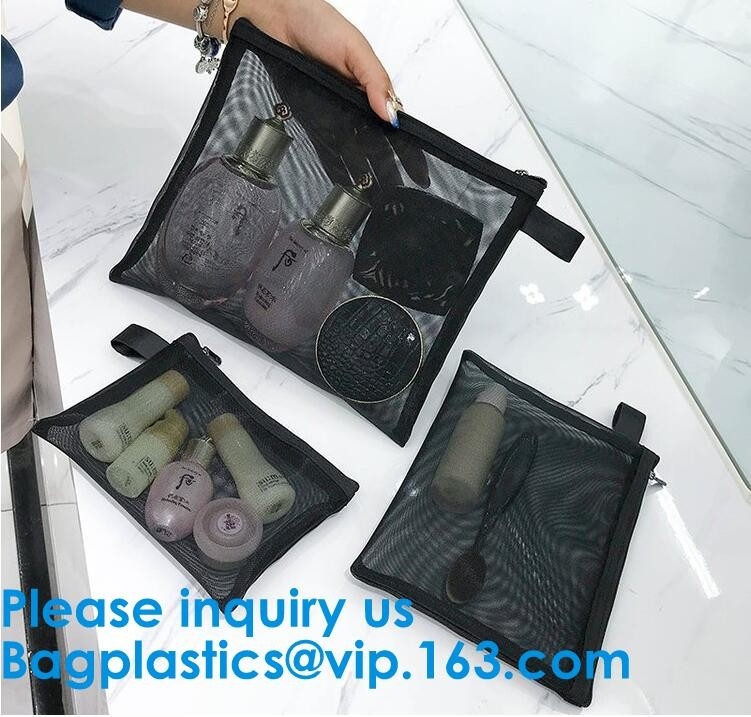 Black Nylon Mesh Makeup Cosmetic Bag / Small Nylon Mesh Make Up Cosmetic Bag,Mesh Cosmetic Bag Neceser Toiletry Organize