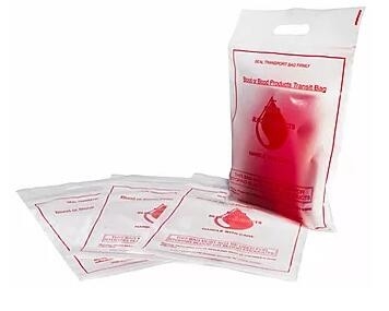 Die Cut Handle Blood Transit Biodegradable Shopping Bag blood transport bag, header with grip seal closure, punch handle