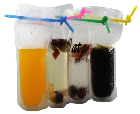 buy biodegradable eco-friendly Fruit juice liquid plastic bag with straw transparent stand up plastic zipper bag with straw online manufacturer