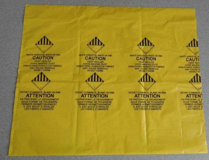 Asbestos Removal, Disposable plastic yellow poly asbestos warning